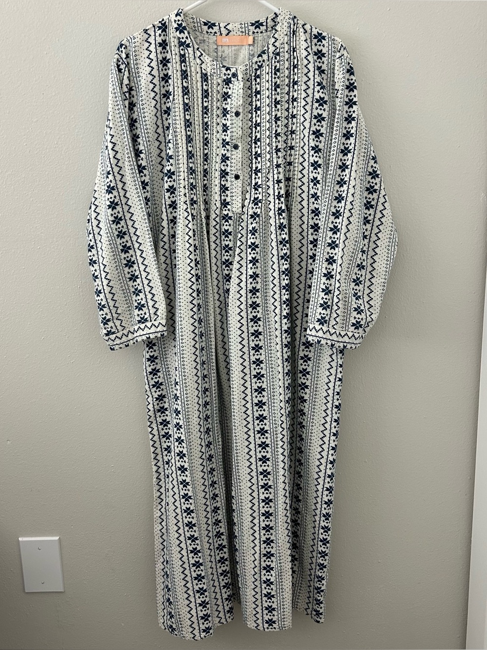 La Cera 100% Cotton Flannel Nightgown XL Blue White Fair Isle Nordic Pockets